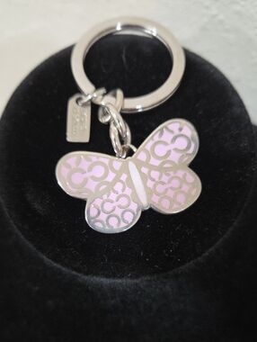 Coach Pink Enamel Butterfly Keyring with Silver Hardware